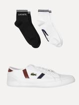 Kit Lacoste Tênis Masculino Sideline Canvas Branco e Meias Cano Curto Sport Low
