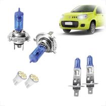 Kit Lâmpadas Halógena Super Branca H4 H1 Farol Baixo Alto e Milha Fiat Uno 2011 2012 2013 2014