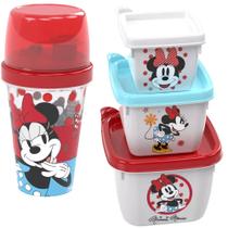 Kit Lanche Escola Menina Minnie Rosa Copo C/ Tampa e Potes