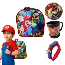 Kit lancheira infantil caneca bola relogio que gira menino mario bros Kit lancheira infantil caneca bola relogio que gira menino mario bros