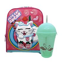 Kit Lancheira Infantil Escolar Gatinho Relevo Copo Twister