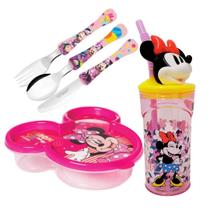 Kit Lancheira Infantil Minnie Disney 5 Peças Pote com Tampa, Copo 3D e Talheres Kit Lancheira Infantil Minnie Disney 5 Peças Pote com Tampa, Copo 3D e Talheres