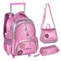 Kit Lancheira Mochila Rodinha Estojo Sweet Queen Metalizado