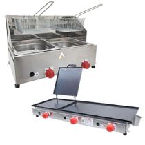 Kit Lanchonete Chapa 90cm com Prensa e Fritadeira Profissional 2 Cubas Alcamar