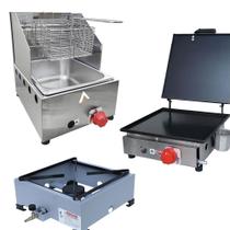 Kit Lanchonete Fogão Portátil 1 Boca + Chapa 30cm com Prensa e Fritadeira Profissional 1 Cuba Kit Lanchonete Fogão Portátil 1 Boca + Chapa 30cm com Prensa e Fritadeira Profissional 1 Cuba