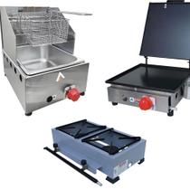 Kit Lanchonete Fogão Portátil 2 Bocas + Chapa 30cm com Prensa e Fritadeira Profissional 1 Cuba Alcamar Kit Lanchonete Fogão Portátil 2 Bocas + Chapa 30cm com Prensa e Fritadeira Profissional 1 Cuba Alcamar