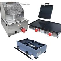 Kit Lanchonete Fogão Portátil 2 Bocas + Chapa 60cm com Prensa e Fritadeira 1 Cuba 5 Litros Alcamar Kit Lanchonete Fogão Portátil 2 Bocas + Chapa 60cm com Prensa e Fritadeira 1 Cuba 5 Litros Alcamar