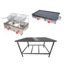 Kit Lanchonete Mesa de Manipulação 100x55cm + Fritadeira a Gás 2 Cuba + Chapa a Gás 60cm Alcamar Kit Lanchonete Mesa de Manipulação 100x55cm + Fritadeira a Gás 2 Cuba + Chapa a Gás 60cm Alcamar