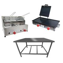 Kit Lanchonete Mesa de Manipulação 100x55cm + Fritadeira a Gás 2 Cuba + Chapa a Gás 60cm Alcamar Kit Lanchonete Mesa de Manipulação 100x55cm + Fritadeira a Gás 2 Cuba + Chapa a Gás 60cm Alcamar