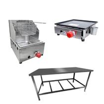 Kit Lanchonete Mesa de Manipulação 120x55cm + Fritadeira a Gás 1 Cuba + Chapa a Gás 30cm Alcamar Kit Lanchonete Mesa de Manipulação 120x55cm + Fritadeira a Gás 1 Cuba + Chapa a Gás 30cm Alcamar