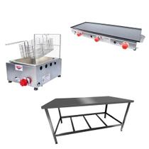 Kit Lanchonete Mesa de Manipulação 120x55cm + Fritadeira a Gás 1 Cuba + Chapa a Gás 90cm Alcamar Kit Lanchonete Mesa de Manipulação 120x55cm + Fritadeira a Gás 1 Cuba + Chapa a Gás 90cm Alcamar