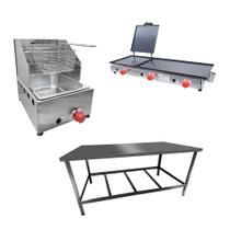 Kit Lanchonete Mesa de Manipulação 120x55cm + Fritadeira a Gás 1 Cuba + Chapa a Gás 90cm Alcamar Kit Lanchonete Mesa de Manipulação 120x55cm + Fritadeira a Gás 1 Cuba + Chapa a Gás 90cm Alcamar