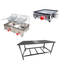 Kit Lanchonete Mesa de Manipulação 120x55cm + Fritadeira a Gás 2 Cuba + Chapa a Gás 30cm Alcamar