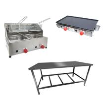 Kit Lanchonete Mesa de Manipulação 120x55cm + Fritadeira a Gás 2 Cuba + Chapa a Gás 60cm Alcamar Kit Lanchonete Mesa de Manipulação 120x55cm + Fritadeira a Gás 2 Cuba + Chapa a Gás 60cm Alcamar