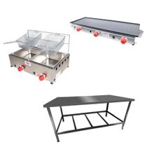 Kit Lanchonete Mesa de Manipulação 120x55cm + Fritadeira a Gás 2 Cuba + Chapa a Gás 90cm Alcamar Kit Lanchonete Mesa de Manipulação 120x55cm + Fritadeira a Gás 2 Cuba + Chapa a Gás 90cm Alcamar