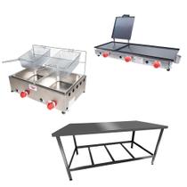Kit Lanchonete Mesa de Manipulação 120x55cm + Fritadeira a Gás 2 Cuba + Chapa a Gás 90cm Alcamar Kit Lanchonete Mesa de Manipulação 120x55cm + Fritadeira a Gás 2 Cuba + Chapa a Gás 90cm Alcamar