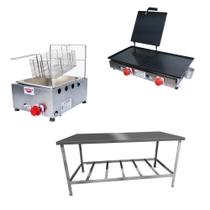 Kit Lanchonete Mesa de Manipulação 190x70cm + Fritadeira a Gás 1 Cuba + Chapa a Gás 60cm Alcamar Kit Lanchonete Mesa de Manipulação 190x70cm + Fritadeira a Gás 1 Cuba + Chapa a Gás 60cm Alcamar
