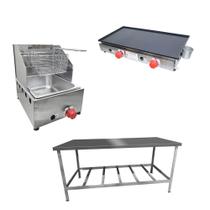 Kit Lanchonete Mesa de Manipulação 190x70cm + Fritadeira a Gás 1 Cuba + Chapa a Gás 60cm Alcamar Kit Lanchonete Mesa de Manipulação 190x70cm + Fritadeira a Gás 1 Cuba + Chapa a Gás 60cm Alcamar
