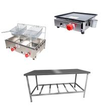Kit Lanchonete Mesa de Manipulação 190x70cm + Fritadeira a Gás 2 Cuba + Chapa a Gás 30cm Alcamar Kit Lanchonete Mesa de Manipulação 190x70cm + Fritadeira a Gás 2 Cuba + Chapa a Gás 30cm Alcamar