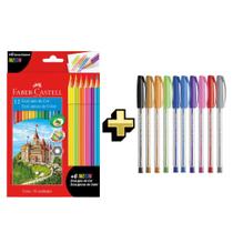 Kit Lápis de Cor 12 Cores + 6 Neon + 10 Canetas Esferográfica Trilux Faber-Castell