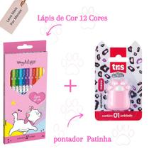 Kit Lápis de Cor 12 Cores Marie + Apontador Holic Pets Patinha - Tris