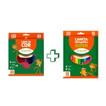 Kit Lápis de Cor 24 Cores + Canetinha Hidrográfica Super 12 Cores Hidrocor Lavavél Leo&Leo