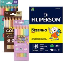 Kit Lápis de Cor 34 Cores + Bloco Desenho 140g 20fl Escolar