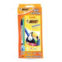 Kit Lápis de Cor Escolar Bic Evolution 12 Cores + Caneta, Apontador e Lápis Preto