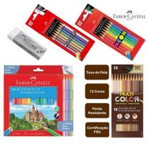 Kit Lápis de Cor Faber Castell 24 Cores + 4 Pastel+ 10 Metálicos+ 12 Tom de Pele +10 Neon e Borracha