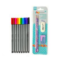 Kit Lápis HB C/ 10 Canetas Fine Line 0.4mm + Borracha E Apontador Escolar Estudo - Skypaper