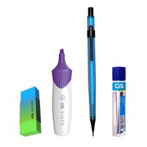 Kit Lapiseira Neon 0.7 Azul +Borracha + Grafite + Vista Rx