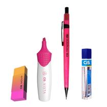 Kit Lapiseira Neon 0.7 Rosa+Borracha + Grafite + Vista Rosa