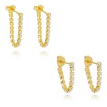 Kit Lara - 2 Brincos Riviera M e G Zircônia Cristal Banhado em Ouro 18k
