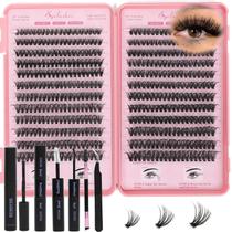 Kit Lash Clusters, kit individual de extensão de cílios, 480 unidades de extensões de cílios postiços D Curl Flufffy Wispy, faixa fina com pinça Bond Seal, pinça, removedor de escova (kit 40D+50D, 9-16 mm)