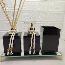Kit Lavabo Aromatizador Porta Sabonete Líquido Porta Escova Bandeja Decorativa Espelhada Preto e Dourado