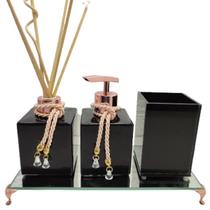 Kit Lavabo Aromatizador Porta Sabonete Porta Escova Pincel Maquiagem Bandeja Espelhada Decorativa-Jogo Banheiro-Organizadores-Preto e Rosê Gold