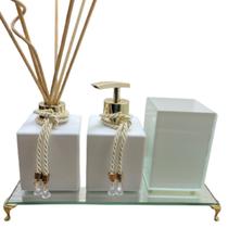 Kit Lavabo Aromatizador Porta Sabonete Porta Escova Pincel Maquiagem Bandeja Espelhada-Jogo Banheiro-Organizadores-Decoração Casa-Branco e Dourado