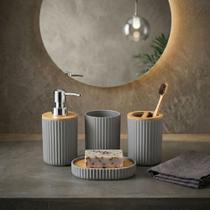 Kit Lavabo Bambu 4 Peças Jogo Banheiro Completo Porta Sabonete Escova Suporte Ecofriendly Luxo