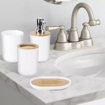 Kit Lavabo Banheiro 4 Peças Plástico e Detalhe em Bambu Dispense Saboneteira