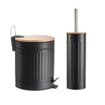 Kit Lavabo Banheiro Bambu Lixeira 5 Litros Pedal E Escova