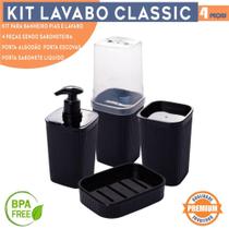 Kit Lavabo Banheiro Classic Frisos Preto e Cinza com Saboneteira Porta Escova de Dente Porta Sabonete Liquido e Porta Cotonete Plasutil