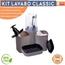 Kit Lavabo Banheiro Classic Frisos Preto e Cinza com Saboneteira Porta Escova de Dente Porta Sabonete Liquido e Porta Cotonete Plasutil