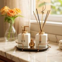 Kit Lavabo Banheiro Com Difusor Saboneteira e Bandeja Super Luxo Branco Com Rosé