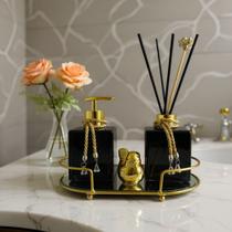 Kit Lavabo Banheiro Com Difusor Saboneteira e Bandeja Super Luxo Preto Com Dourado