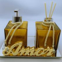 Kit Lavabo Banheiro Completo Saboneteira Aromatizador Difusor de Ambiente com Bandeja Decoração