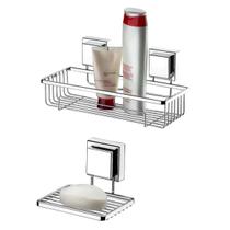 kit lavabo banheiro cromado ventosa 02 peças Future porta shampoo e saboneteira kit lavabo banheiro cromado ventosa 02 peças Future porta shampoo e saboneteira