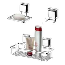 kit lavabo banheiro cromado ventosa 03 peças Future porta shampoo, saboneteira, cabide kit lavabo banheiro cromado ventosa 03 peças Future porta shampoo, saboneteira, cabide