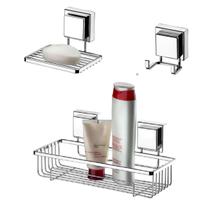 kit lavabo banheiro cromado ventosa 03 peças Future porta shampoo, saboneteira, cabide kit lavabo banheiro cromado ventosa 03 peças Future porta shampoo, saboneteira, cabide