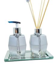 Kit Lavabo Banheiro diamante Prata 250 ml Luxo Bandeja