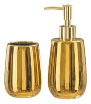 Kit Lavabo Banheiro Dourado Luxo Porcelana Dispenser Líquido